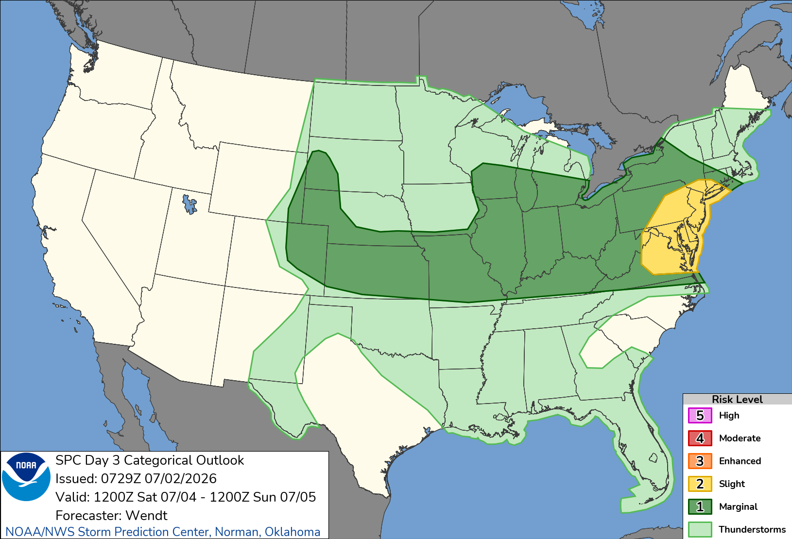 The Storm Prediction Center is outlining a long area of possible severe weather for the Fourth of July. Source: SPC.