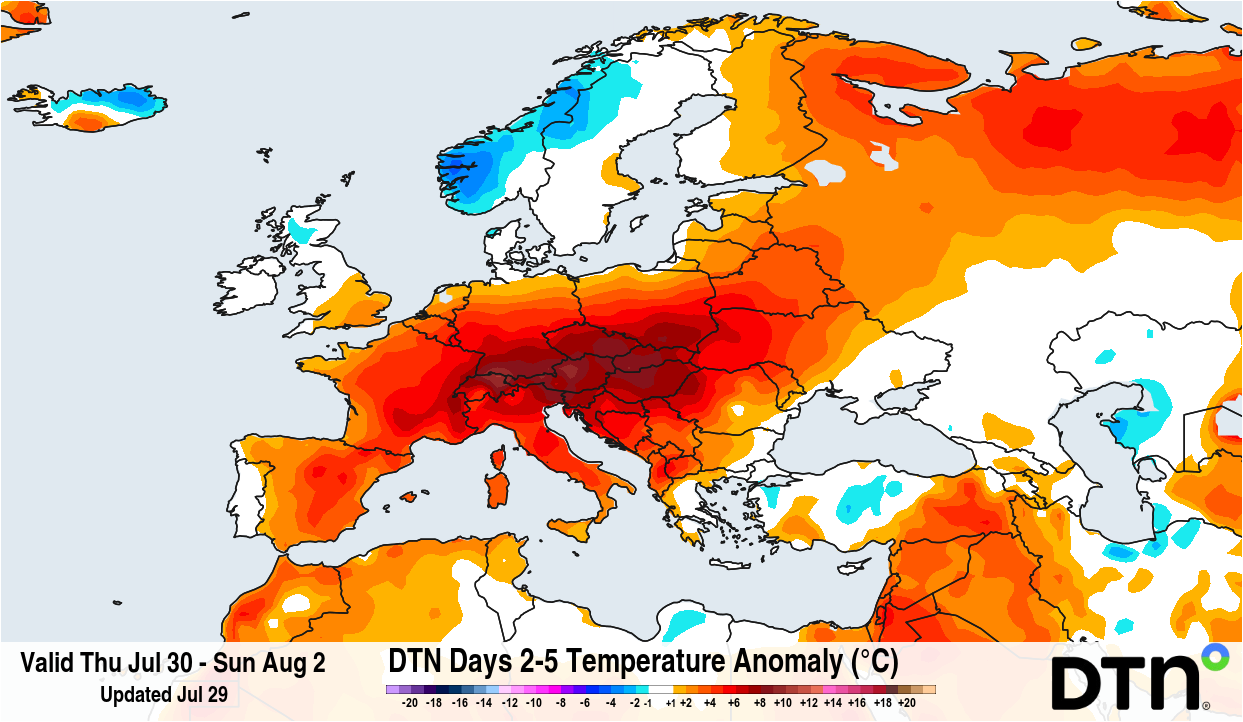 Forecast temperature anomaly for the period from July 30 to August 2, 2026. Source: DTN.