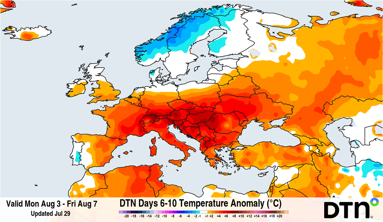 Forecast temperature anomaly for the period from August 3 to 7, 2026. Source: DTN.