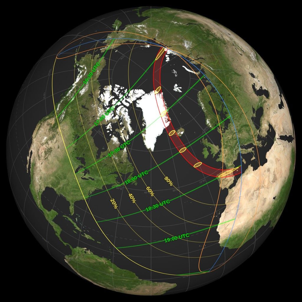 The path of the eclipse of August 12, 2026. The event can first be seen in far northern Russia, and will then move across eastern Greenland, western Iceland and the northern half of Spain. The red area indicates the locations that will experience a total eclipse. Source: NASA.