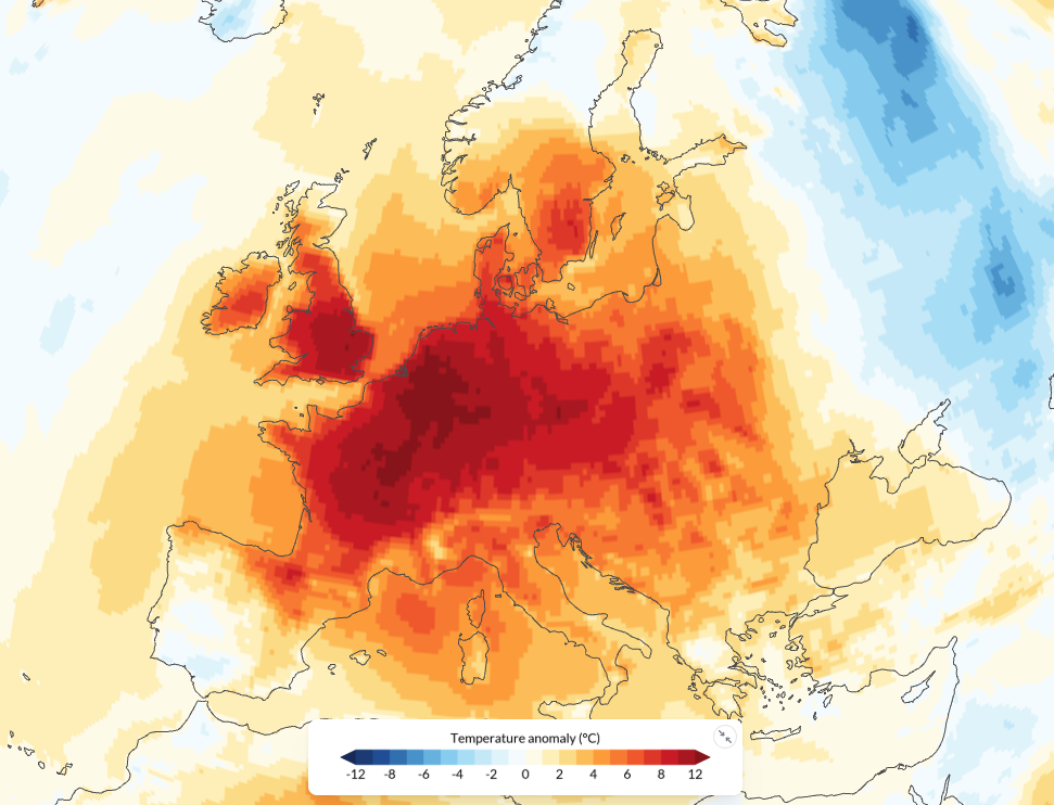 Map of temperature anomaly on Friday, June 26, 2026. Temperatures were more than 10 degrees above normal for much of western Europe. Source: Copernicus Climate Pulse