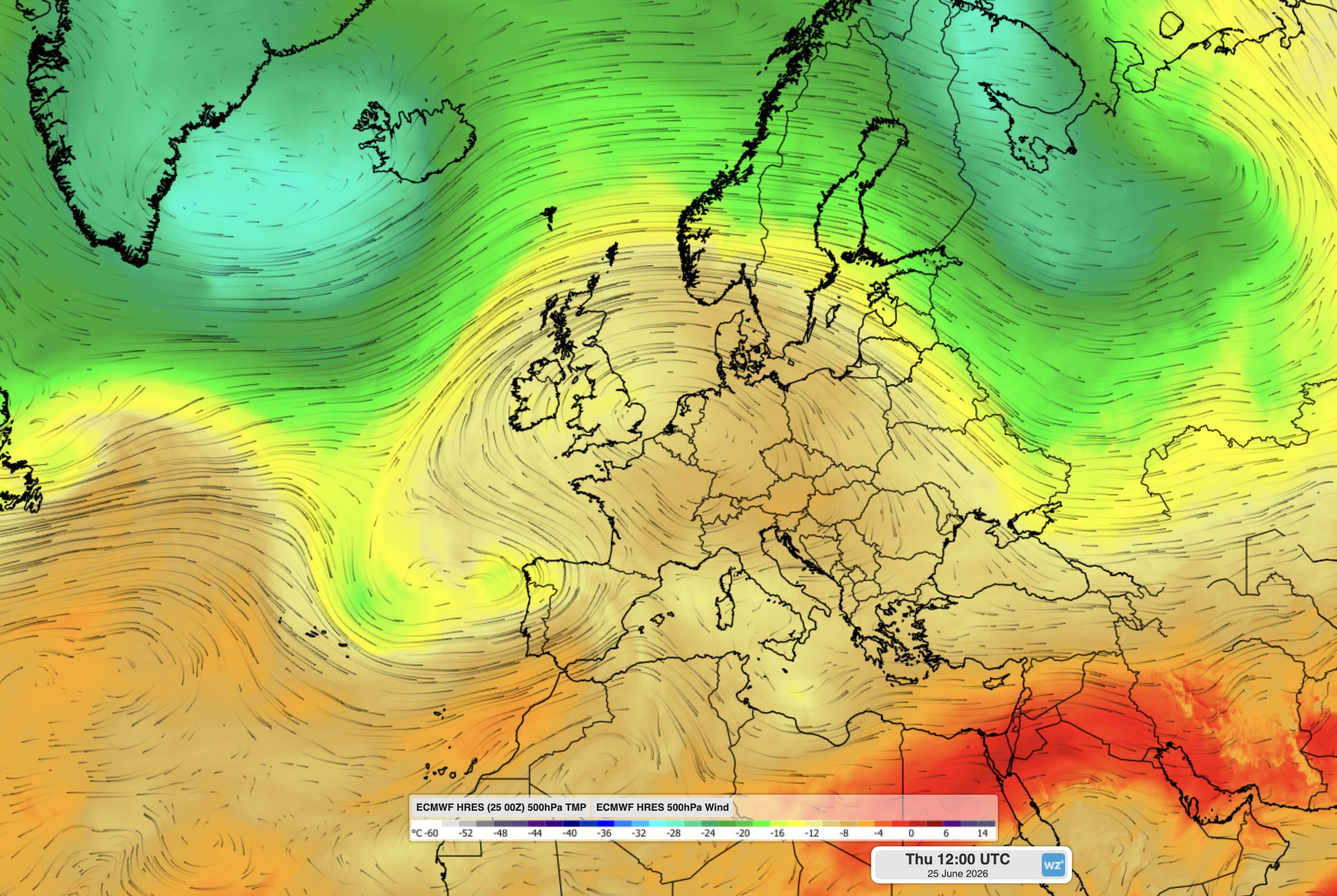 500 hPa temperature and wind showing an omega block over Europe on Thursday, June 27, 2026. Source: Weatherzone.