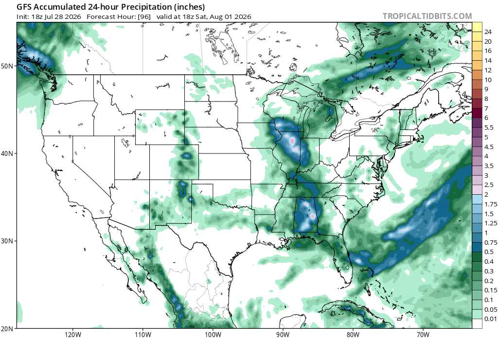 Forecast accumulated precipitation during the 24 hours ending at 18z on Saturday, August 1, 2026, showing ‘ridge rider’ storm complexes extending from the Great Lakes region towards the Gulf. Source: TropicalTidbits.com