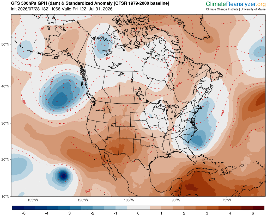 Forecast 500 hPa geopotential height anomalies over North America at 12Z on Friday, July 31, 2026, showing a heat dome centred above the Southwest. Source: ClimateReanlayzer.org Ridge Riders and the Rig of Fire