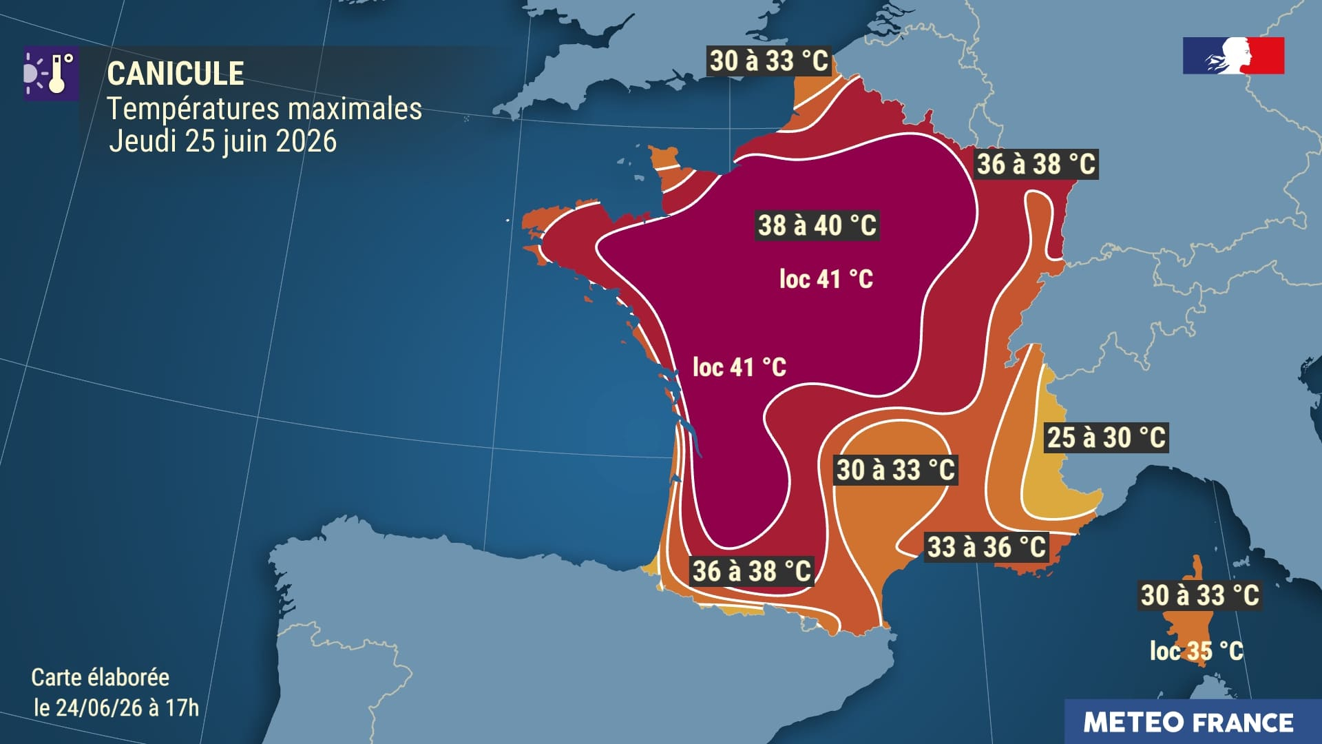 Prévision des températures maximales pour le jeudi 25 juin 2026. Source : Météo-France.