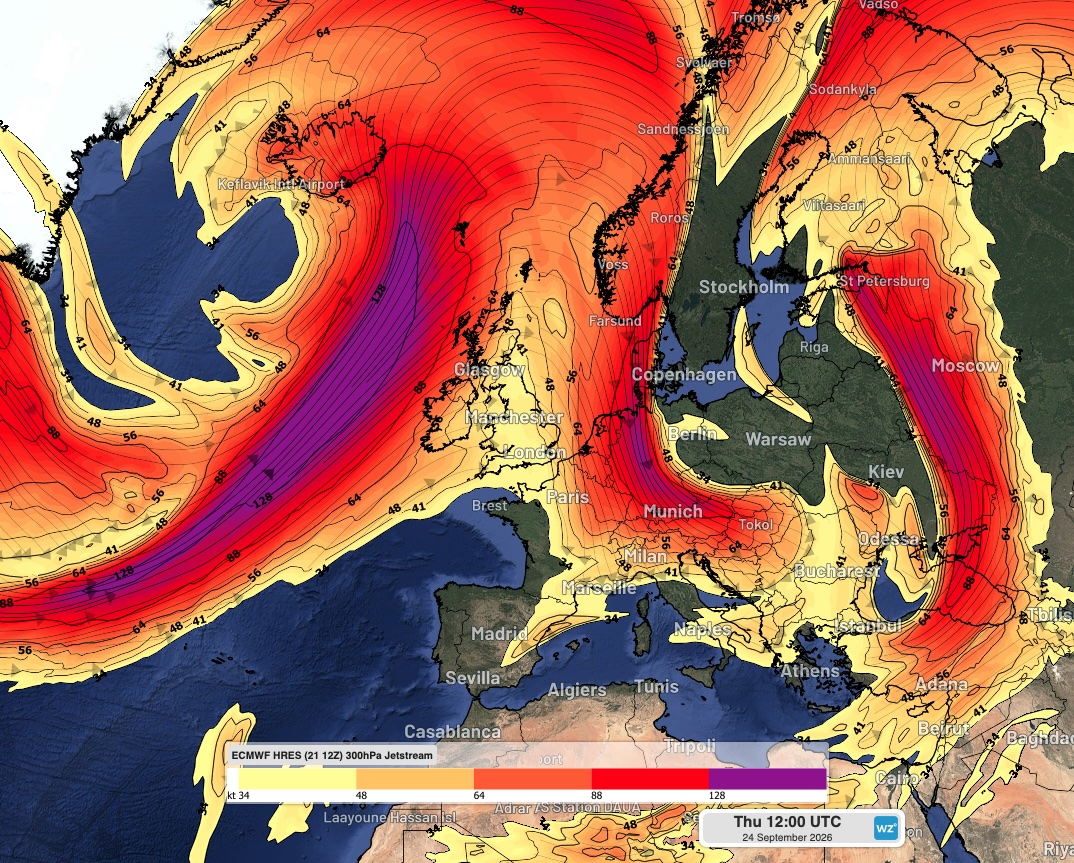 Jet stream winds (300 hPa) over the UK region on September 24, 2026. Source: Weatherzone.