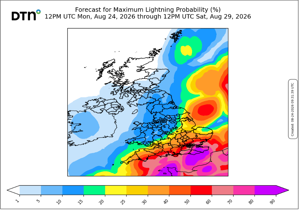 Lightning probability this week between Monday and Saturday. Source: DTN.