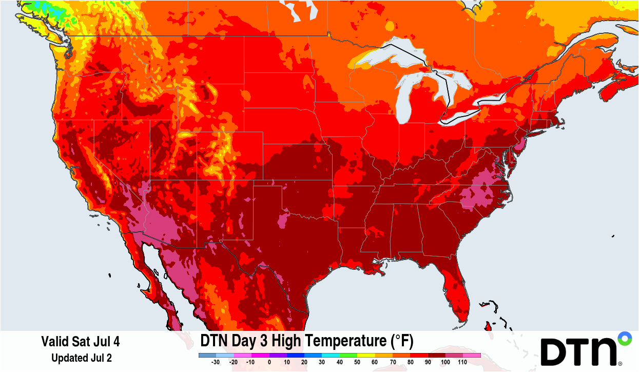 Temperatures will be extremely hot across a lot of the country on July 4, with widespread areas in the 90s (dark red) and some areas crossing the 100-degree mark (pink). Source: DTN.