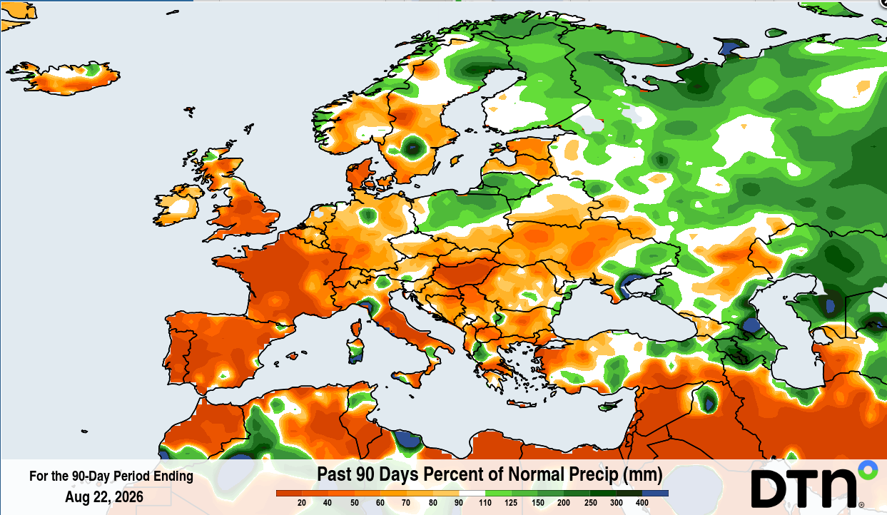 Percent of normal precipitation during the 90-day period ending on August 22, 2026. Source: DTN.