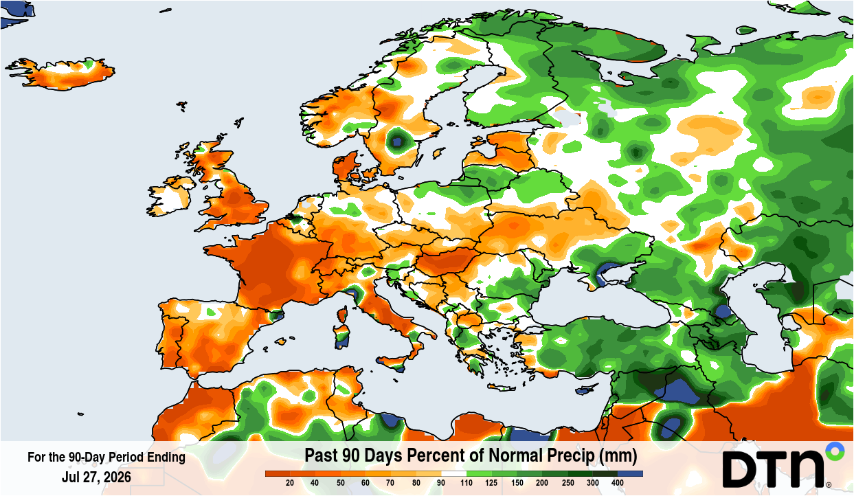 Percent of normal precipitation received during the 90-day period ending on July 27, 2026. Source: DTN