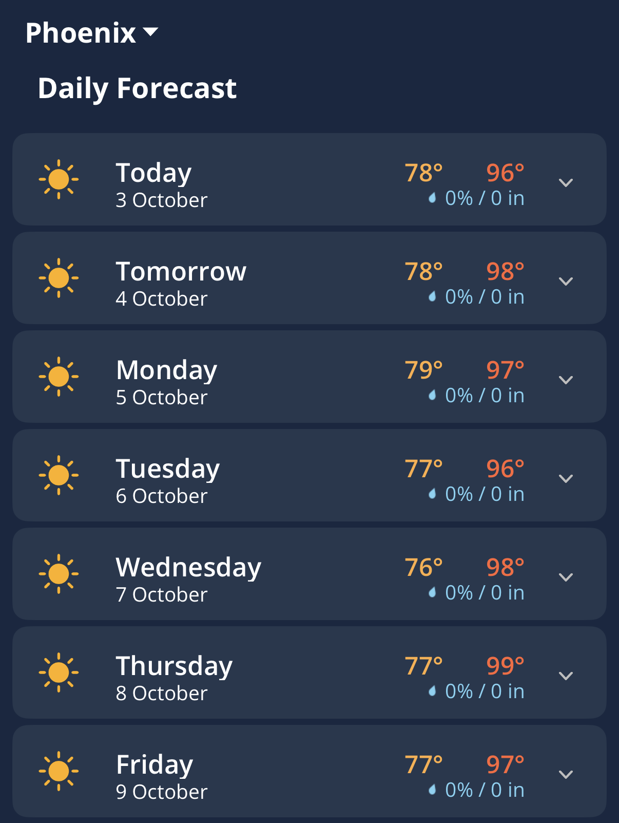 Daily forecast for Phoenix in the Weatherzone app. Source: Weatherzone.