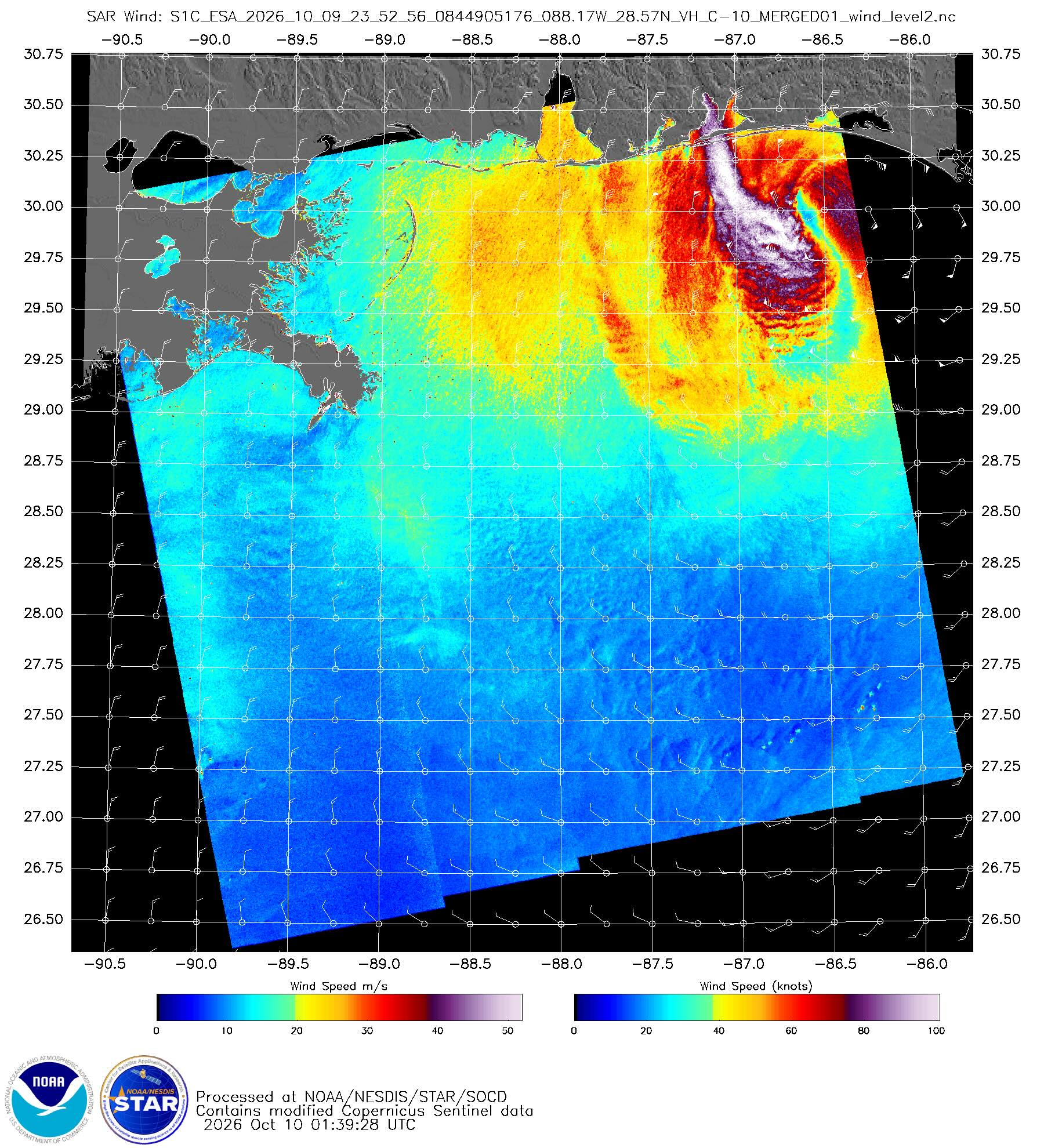 Synthetic Aperture Radar (SAR) image, showing wind speed derived from the roughness of the water. The image shows the eye of Isais offshore with peak winds in the 80 to 100+ knot range to the west of the system’s core. Source: NOAA STAR SOCD.