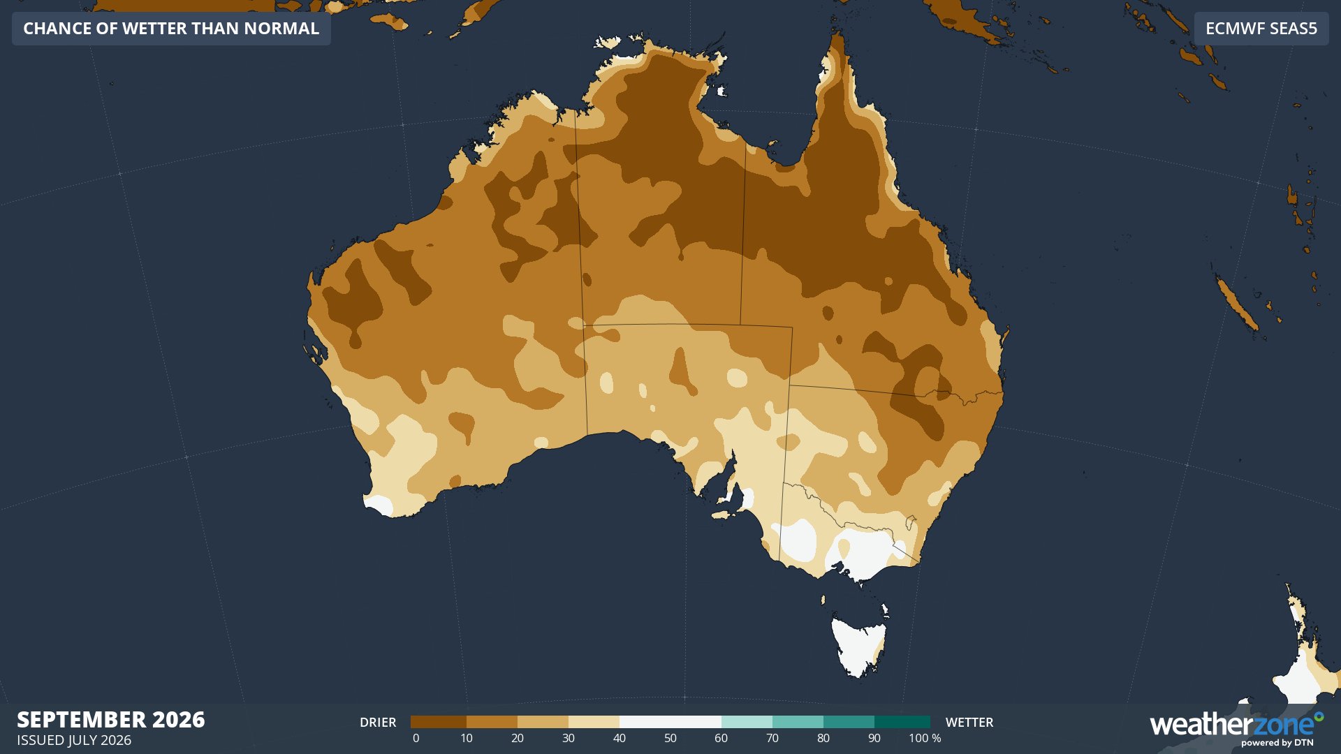 Chance of exceeding median rainfall in September, according to the ECMWF SEAS5 model. Source: Weatherzone.