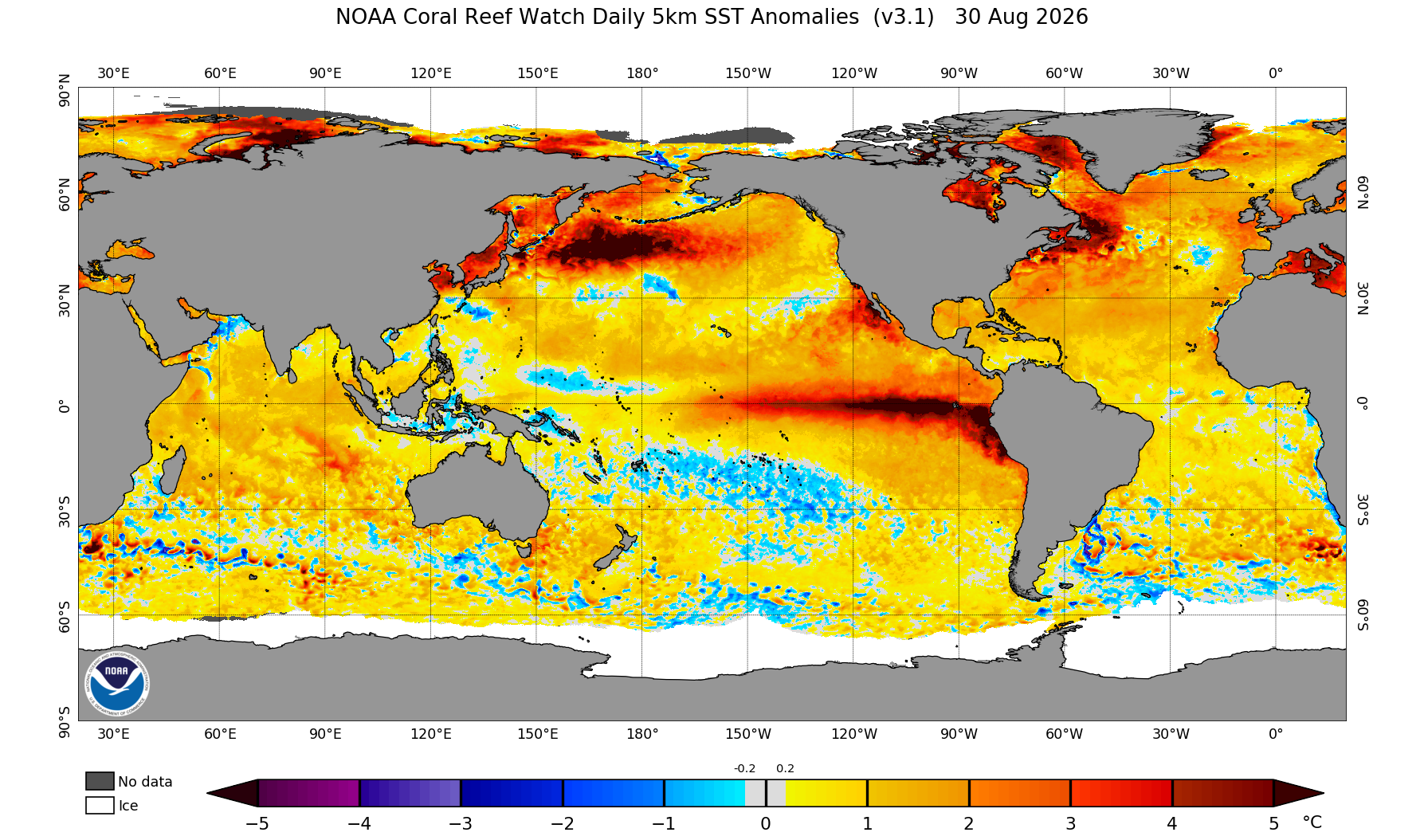 Sea surface temperature anomalies on August 30, 2026, showing warmer-than-normal water over the central and eastern tropical Pacific associated with El Niño. Water is also warmer than average in the Atlantic Ocean and the Gulf. Source: NOAA.