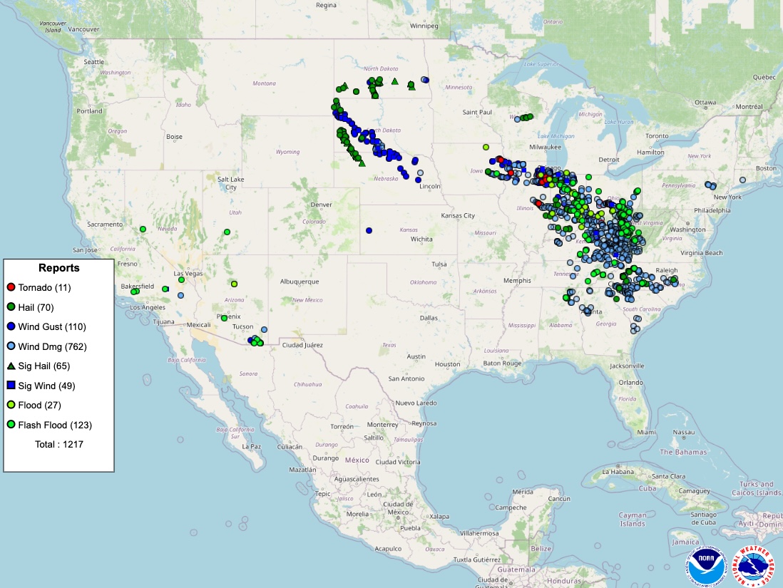 Storm reports from Tuesday, August 11, 2026. Source: NOAA / SPC.