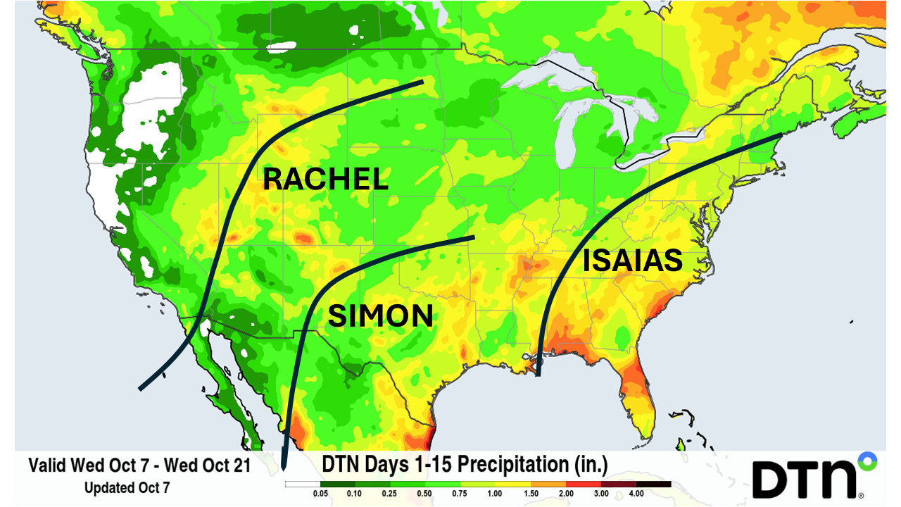 Approximate future tracks of current and forecast hurricanes, combined with predicted accumulated rain between Wednesday, October 7 and Wednesday, October 21. Source: DTN.