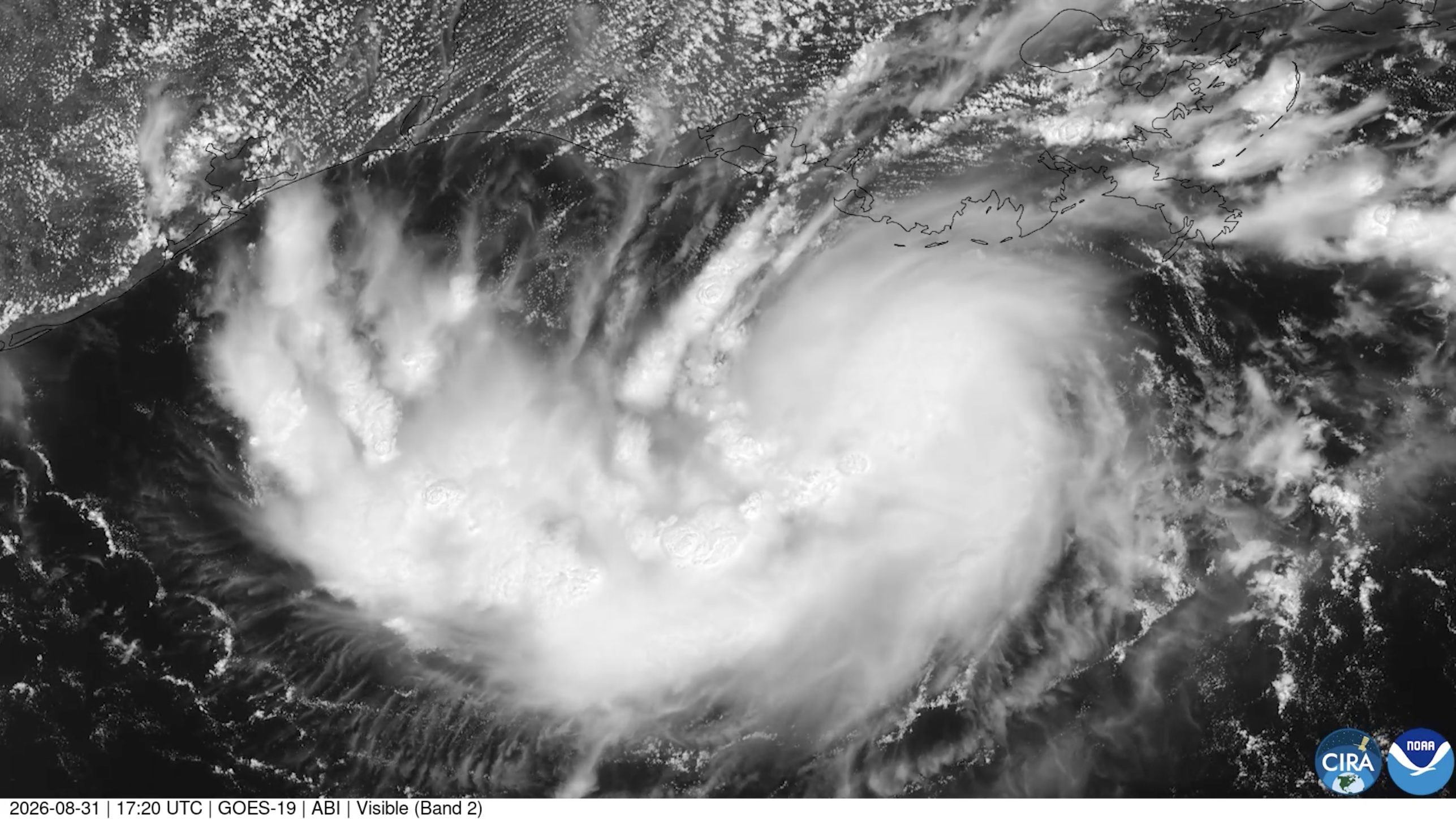 Satellite image showing a tropical depression off the northern Gulf Coast on August 31, 2026. Source: CIRA / GOES-19.