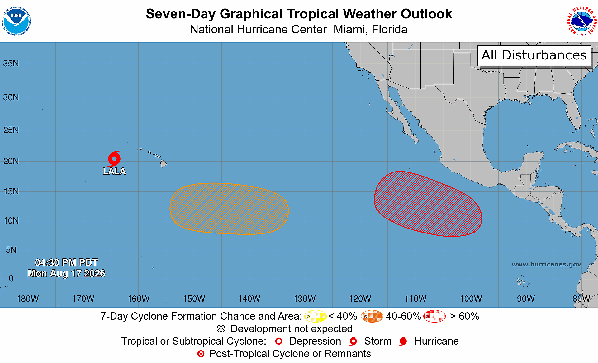 Seven-day tropical weather outlook for the central and eastern Pacific, valid at 4:30 pm PDT on August 14, 2026. Source: NOAA / NHC.