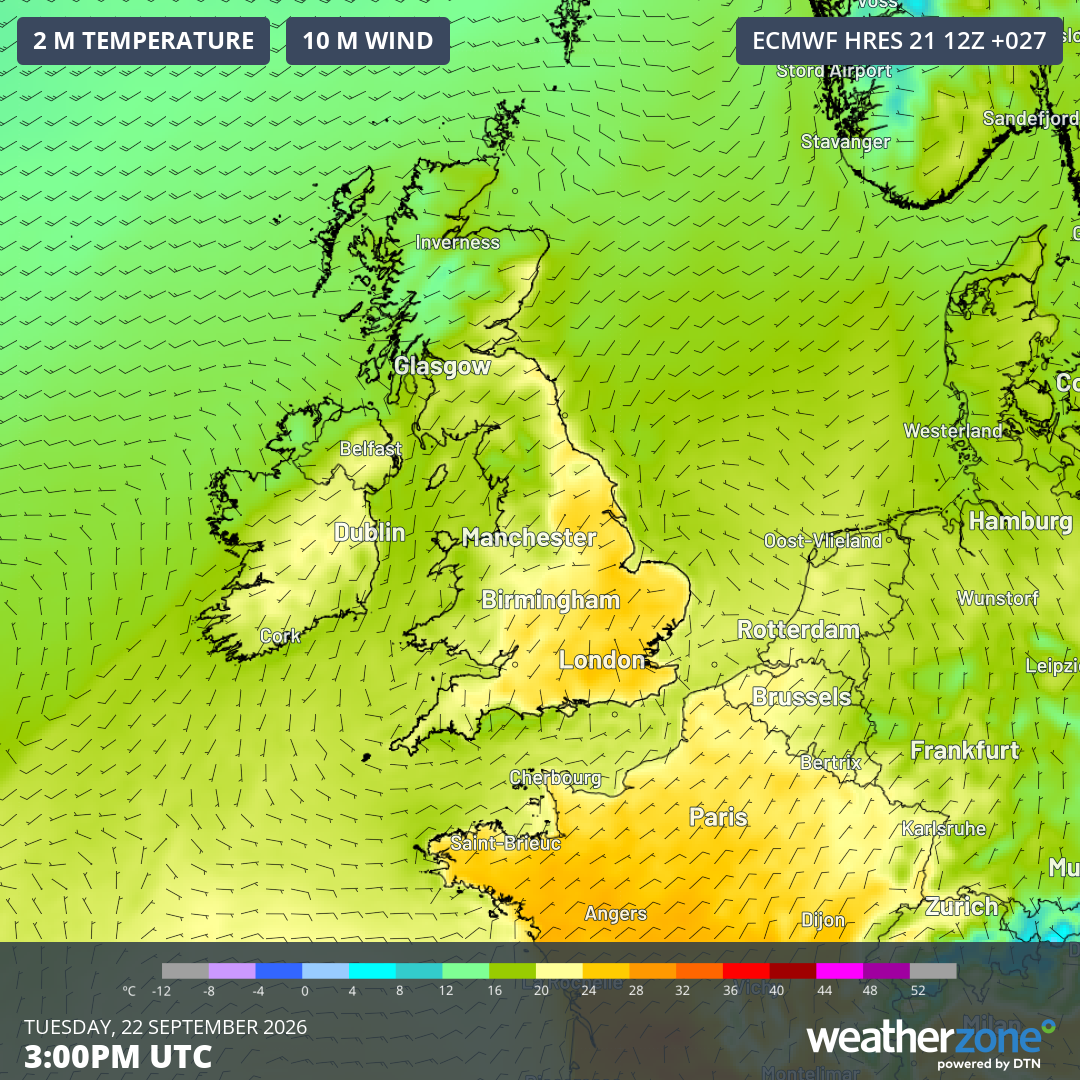 Forecast air temperature and wind at 3 pm UTC on Tuesday, December 22, 2026. Source: Weatherzone.