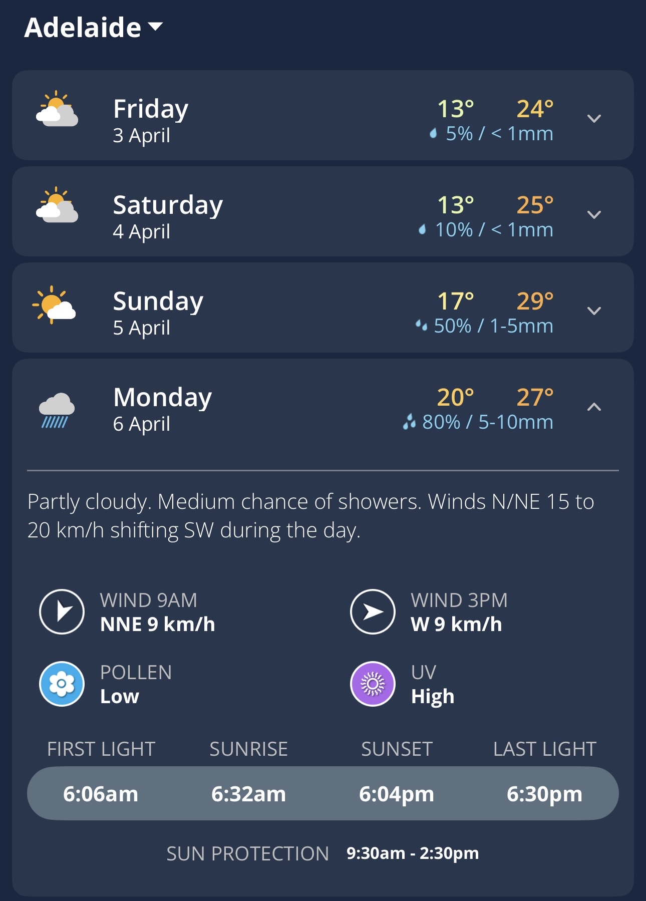 Image: Daily Forecast for Adelaide, SA, on the Weatherzone app.