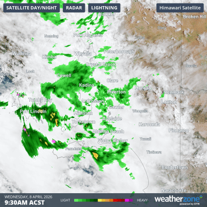 Combined radar and satellite loop for the Adelaide area for the two hours to 11:30am (ACST) on Wednesday, April 8, 2026. Source: Weatherzone.