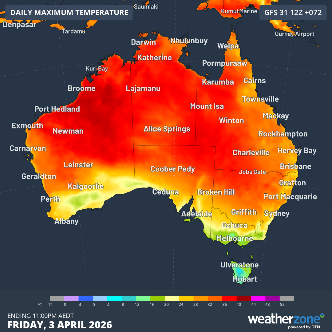 Image: Friday will be the cooolest day of the Easter long weekend in Tasmania and southern Victoria. Source: Weatherzone.