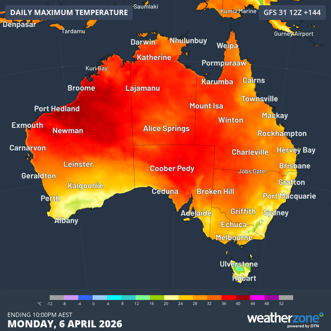 Image: Much warmer conditions are likely in Tasmania and Victoria by Easter Monday, with warm conditions also likely across much of the country. Source: Weatherzone.