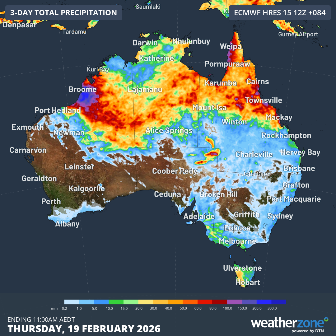 Predicted rainfall totals across Australia up until 11am on Thursday, February 19, 2026, showing heavy totals likely in northern Australia with ongoing heavy rain in the Kimberley region around Broome.