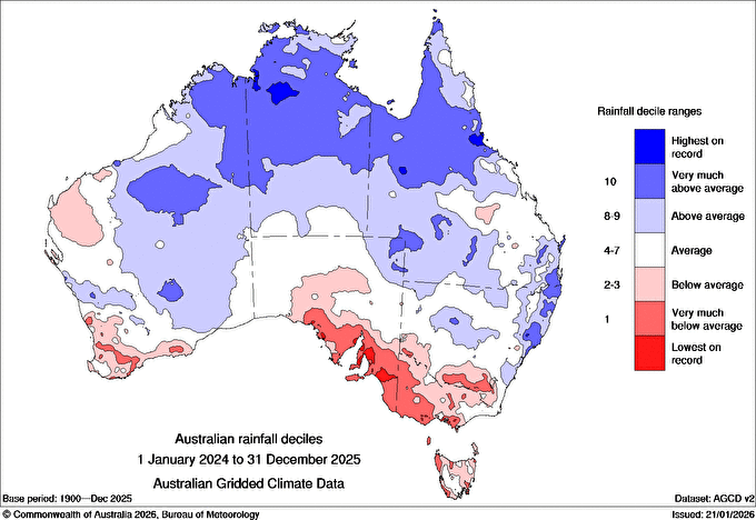 Australian rainfall deciles in the period from January 2024 to December 2025