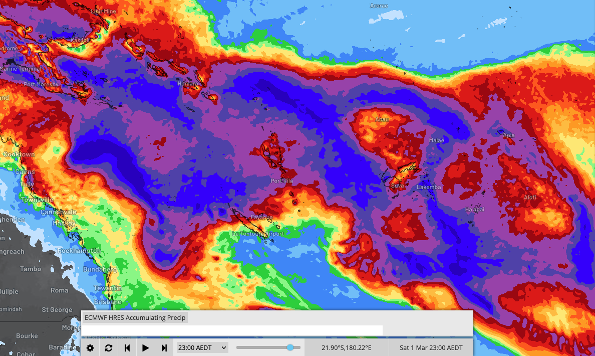 Forecast rainfall accumulations across the Coral Sea and western Pacific Ocean over the next week.