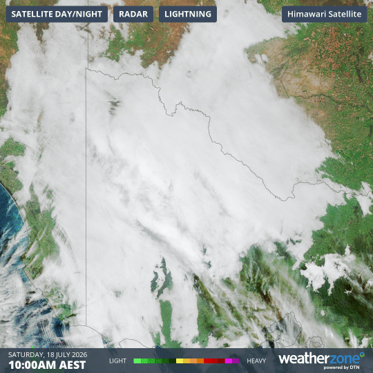 Satellite image of a large fog patch lingering over inland parts of southeast Australia over the six hours to 4:00 pm AEST on Saturday, July 18, 2026.