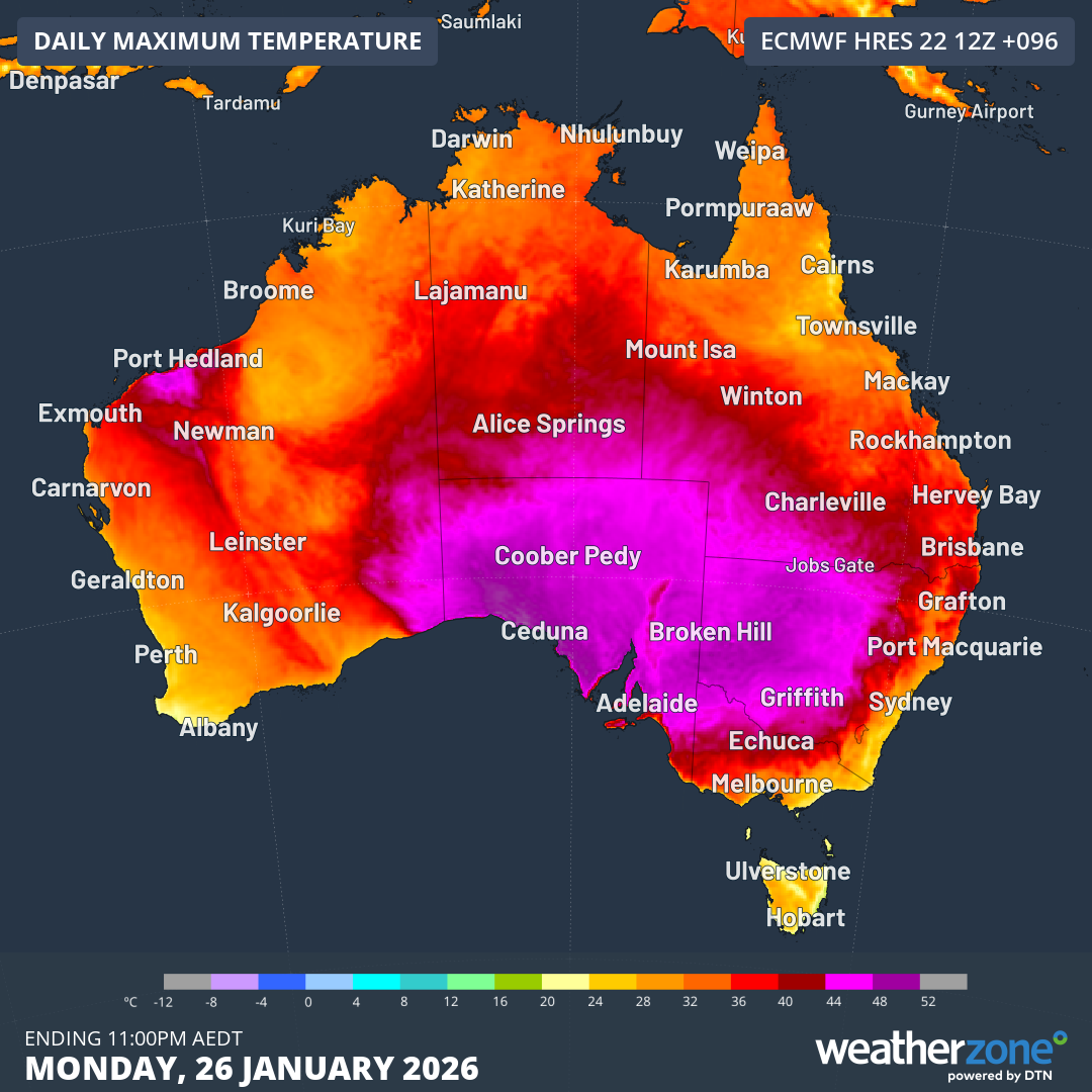 Image: Forecast maximum temperatures around Australia on Monday, January 26, 2026.