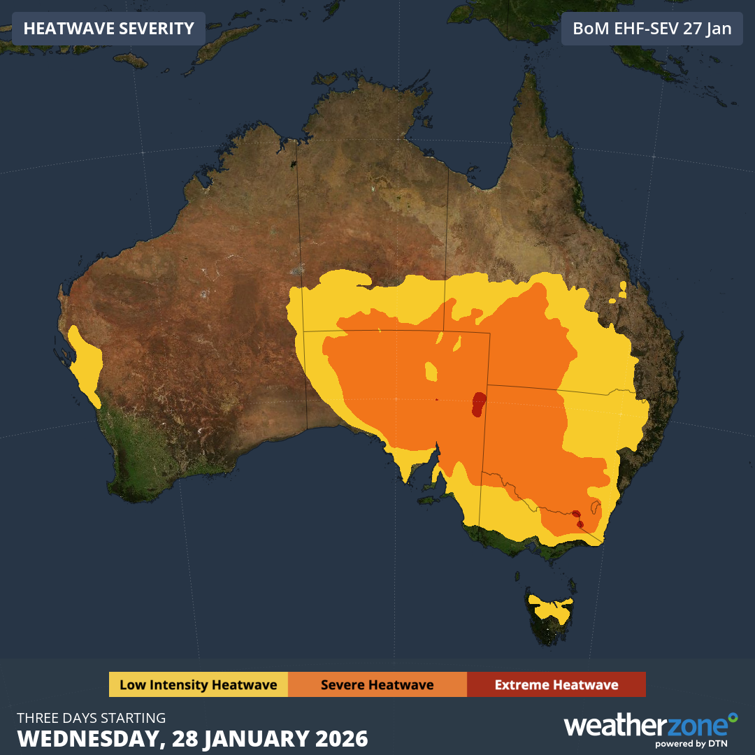 Heatwave forecast for Australia for the three days starting Wednesday, January 28, 2026