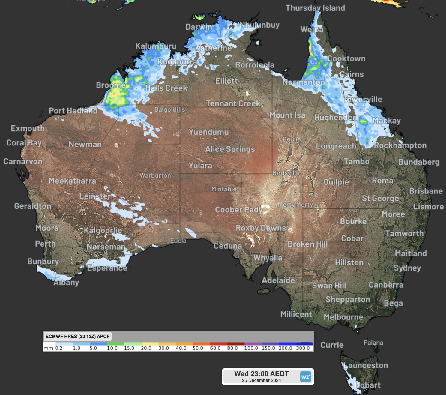 ECMWF forecast 24hr rainfall for Christmas Day, 2024.