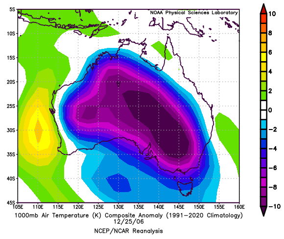 Temperature anomalies on Christmas Day, 2006