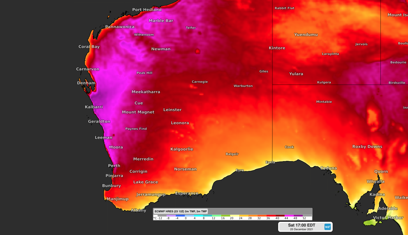 Maximum temperatures for Christmas Day, 2021