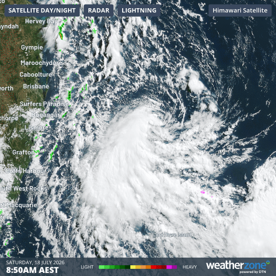 Combined satellite and radar loop of offshore southeast Queensland over the four hours to 12:50 pm AEST on Saturday, July 18, 2026.