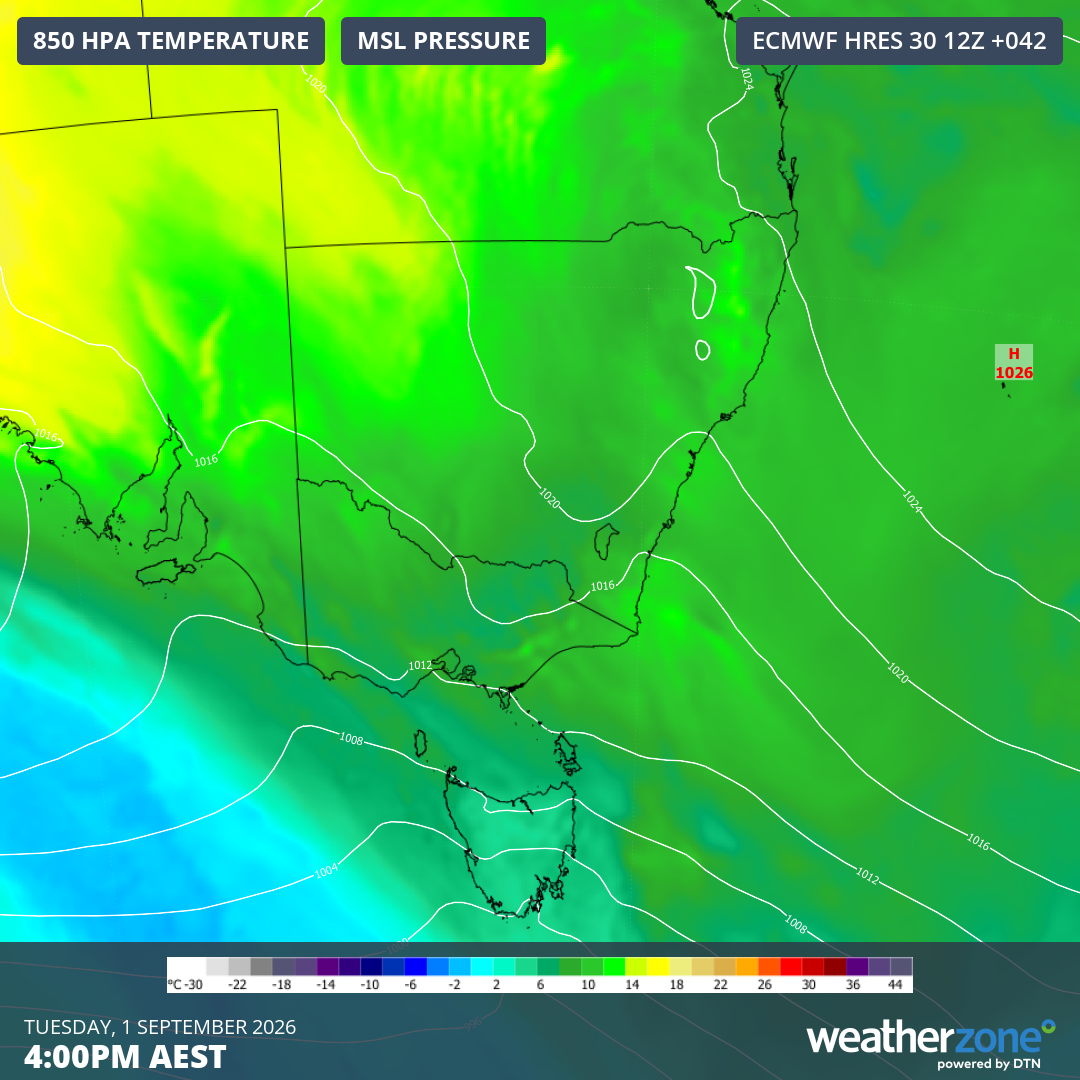 Mean sea level pressure and 850 hPa temperatures predicted for 4 pm (AEST) on Tuesday, September 1, 2026, according to the ECMWF model. Source: Weatherzone.