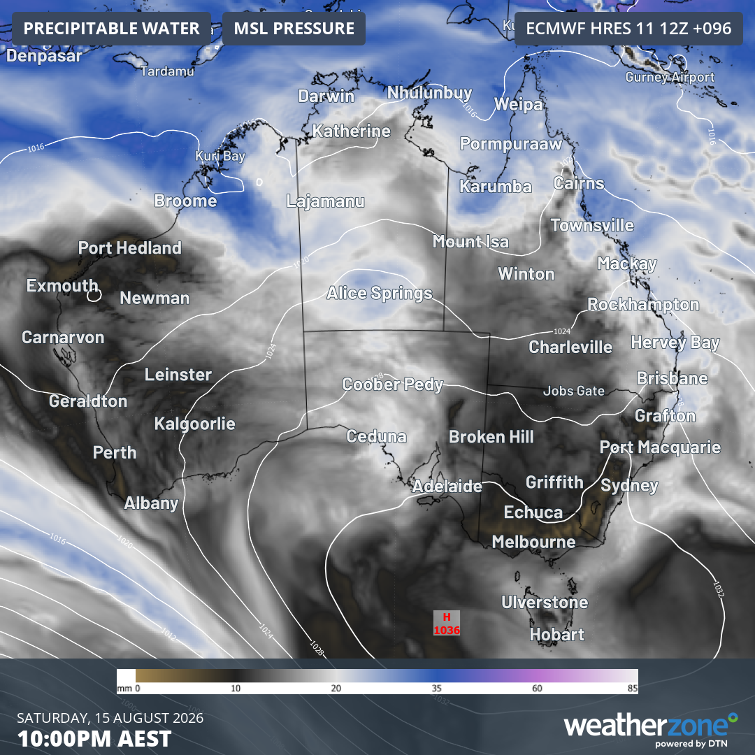 Precipitable water and mean sea level pressure forecast for 10 pm (AEST) on Saturday, August 15, 2026, according to the ECMWF model.