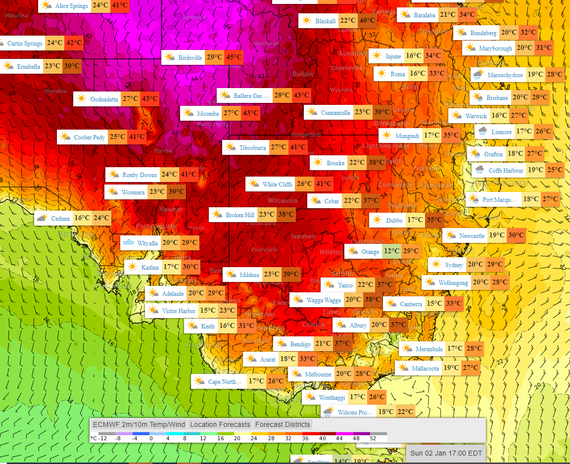 Forecast temperature and wind at 5pm EDT Sunday 2 Jan 