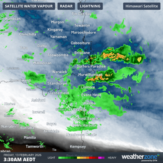 Combined atmospheric water vapour and rain radar imagery for the six hours from 3:30am to 9:30am (AEDT) on Friday, February 13, 2026