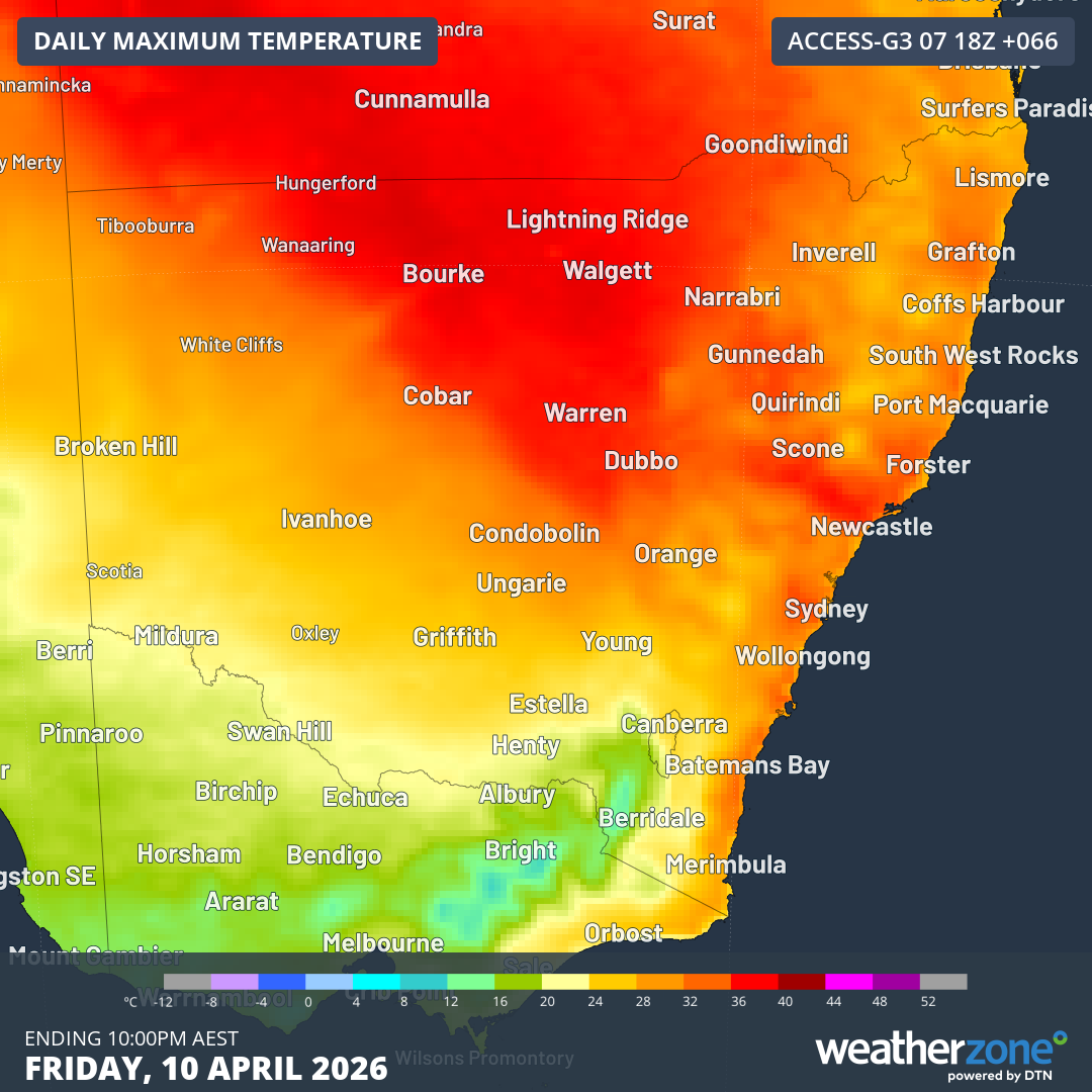 Predicted maximums in NSW and nearby areas on Friday, April 10, 2026, according to the ECMWF model. Source: Weatherzone
