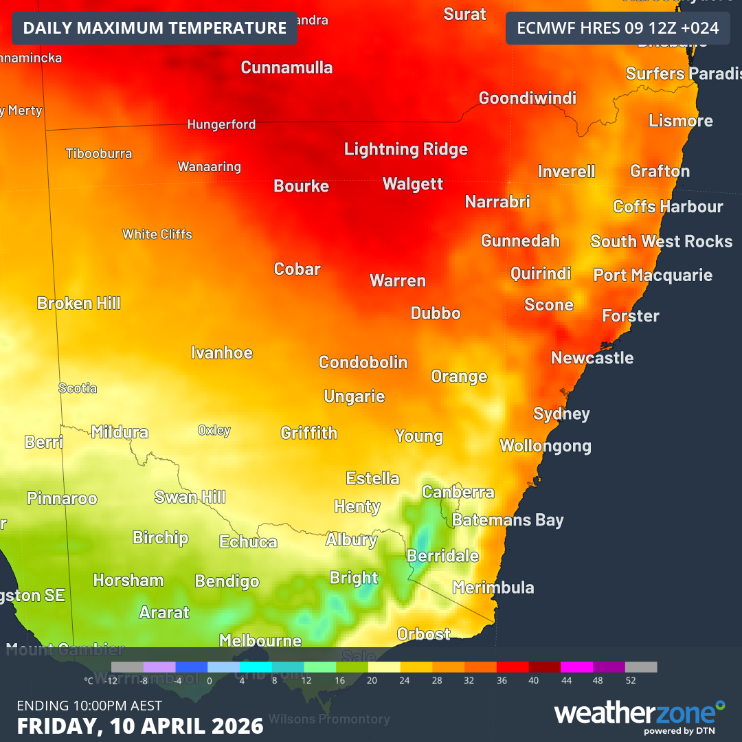Forecast NSW maximums according to the ECMWF model for this Friday, April 10, 2026, with the hottest zone near Walgett in the state's north. Source: Weatherzone