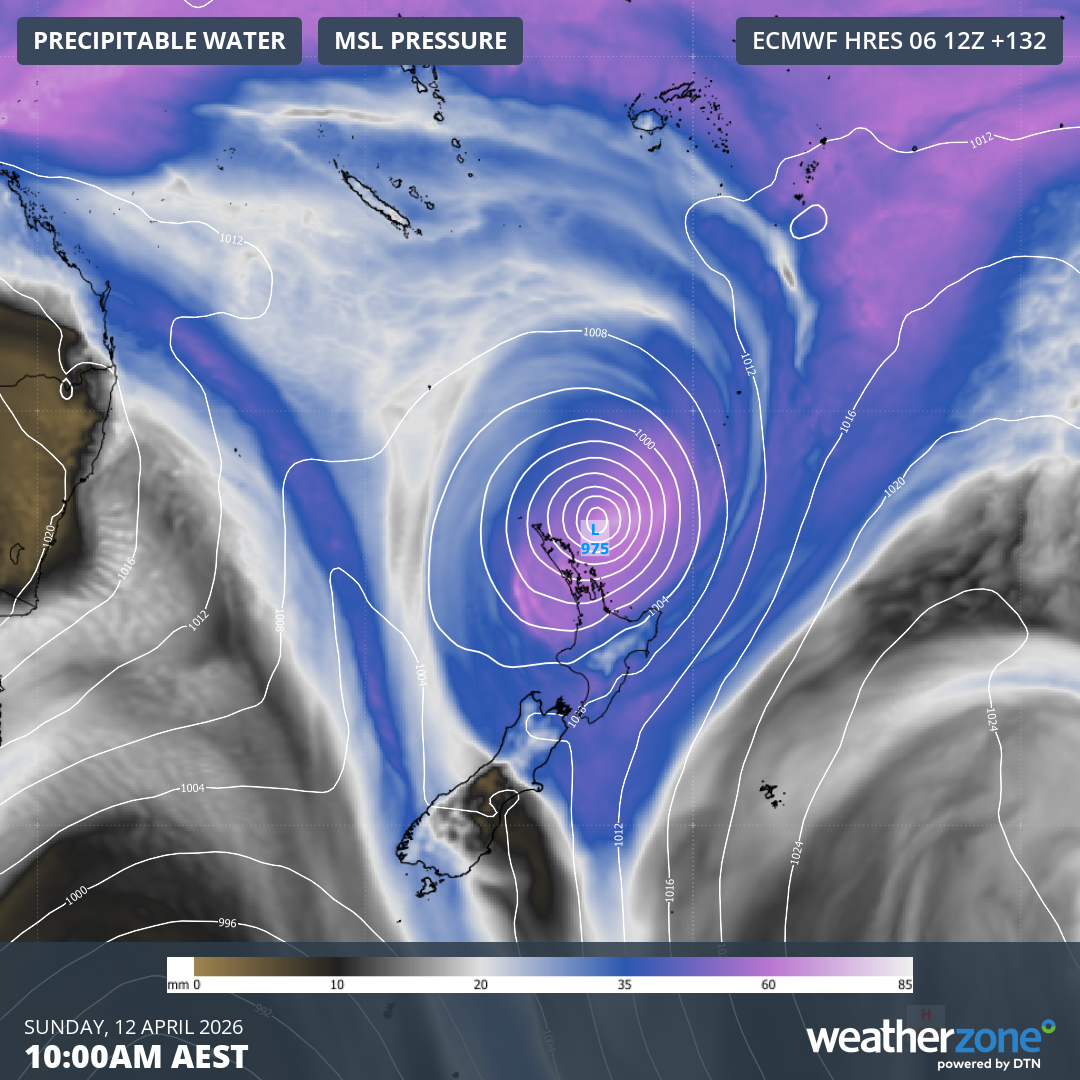 Mean sea level pressure and precipitable water expected for the New Zealand region on Sunday, April 12, 2026, according to the ECMWF model. Source: Weatherzone.