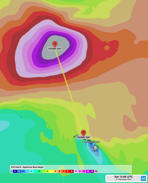 OneDTN Significant Wave Heights showing swell generated by the powerful storm exceeding 15 metres, nearly 2000km north-northwest of Hawaii.