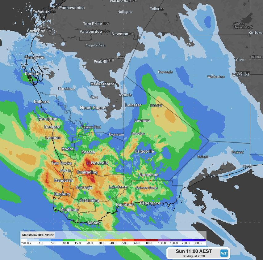 Estimated 4-day rainfall across WA since Wednesday morning, August 26, 2026. Source: Weatherzone.