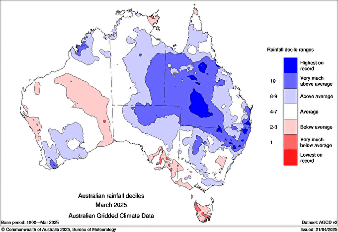 Image: Rainfall deciles across Australia for March 2025. Source: Bureau of Meteorology.