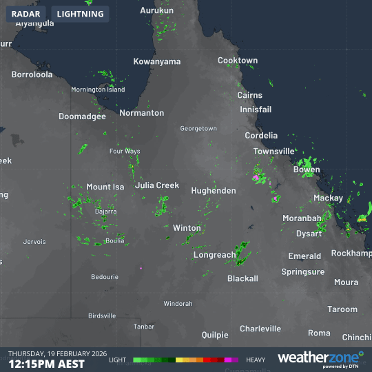 Four-hour radar loop in central Qld on the afternoon of Thursday, February 19, 2026