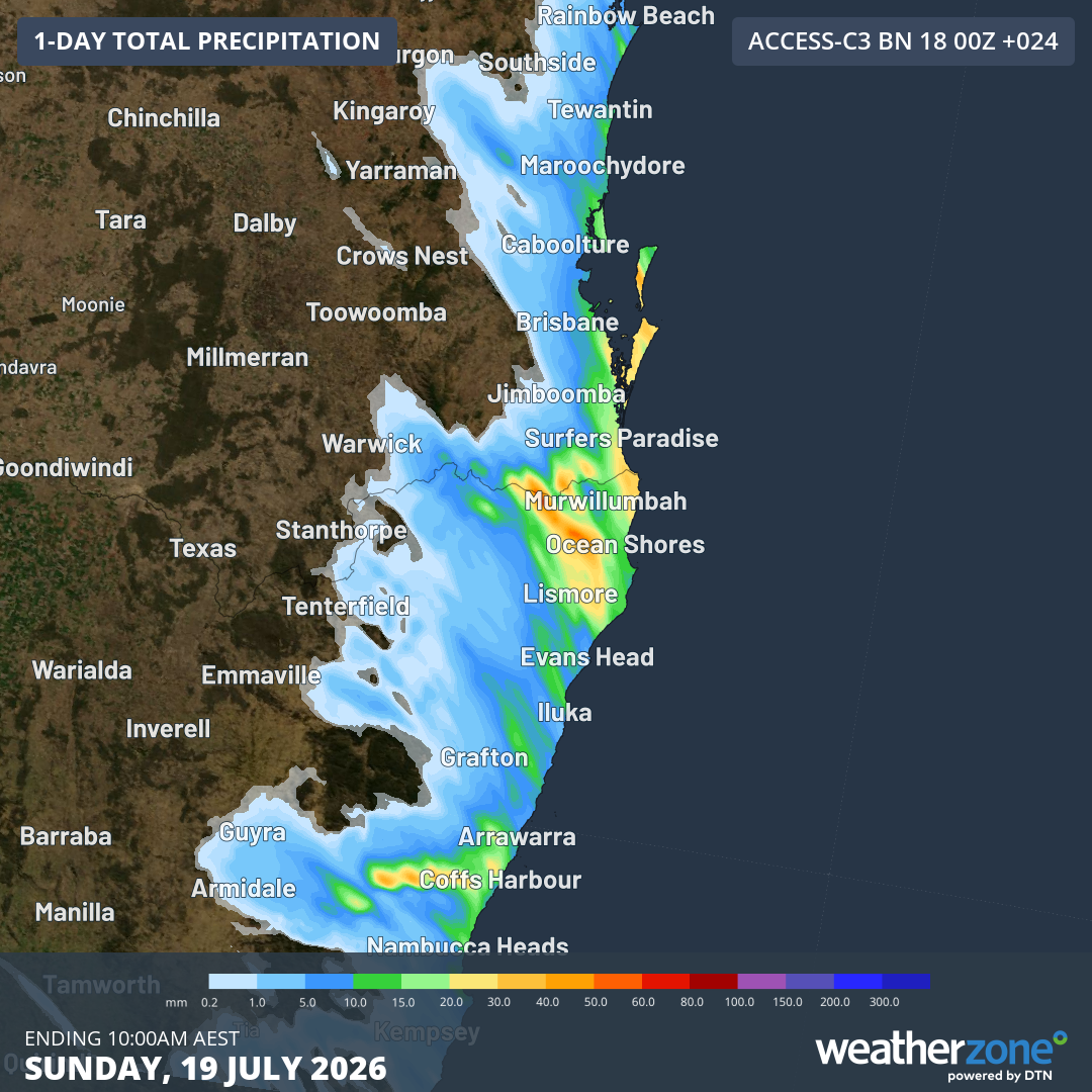 Forecast accumulated rain over northeast NSW and southeast Qld during the 24 hours ending at 10 am AEST on Sunday, July 19, 2026.