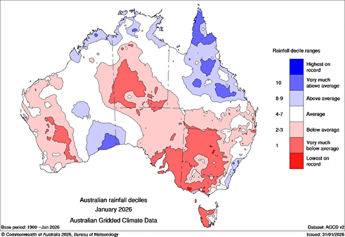Australian rainfall deciles in January, 2026